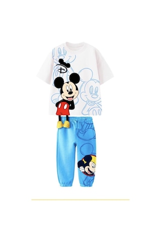 Unisex Çocuk Eğlenceli Mickey Sarkık Detaylı Mavi Renk Pamuklu T-shirt Eşofman Alt Üst Takım Mavi