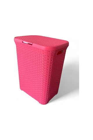 Pembe, Hasır Desenli Kapaklı Çamaşır Sepeti 55x43x33cm