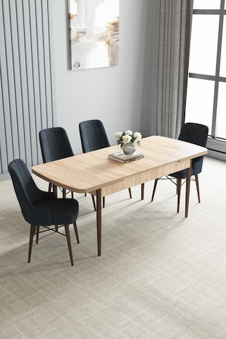Familieconcept Zümra Serisi, Meşe Desen 80x132 Açılabilir Mdf Mutfak Masası Takımı 4 Adet Sandalye Antrasit