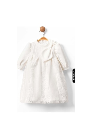 Xo Kids Bohçalı Çiçekli Ajurlu Büzgülü Dik Yakalı A-line Kalıplı Kız Çocuk Elbise 2-6 Yaş 10043 Beyaz