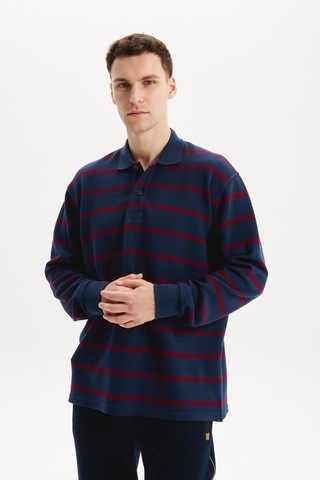 AR-MA Arma Erkek Büyük Beden Çizgili %100 Pamuk Ringel Ottoman Kumaş Polo Yaka Ribanalı Sweatshirt K30554801602 İndigo