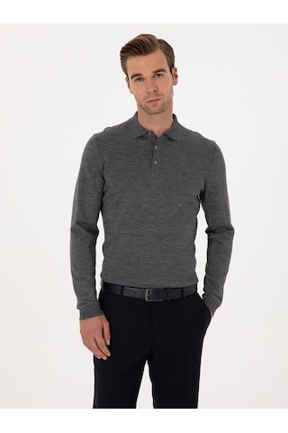Cacharel Füme Slim Fit Yün Karışımlı Polo Yaka Basic Triko Kazak Gri