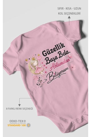 Morivokids Güzellik Başa Bela Ablamdan Biliyorum Kısa Kollu Bebek Body %100 Pamuk Koyu Pembe