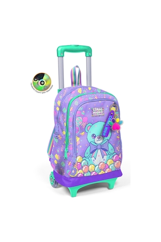 Coral High Kız Çocuk Mor Yeşil Ayıcık Desenli Işıklı Tekerlekli Çekçek Okul Çantası - 34005 Çok Renkli