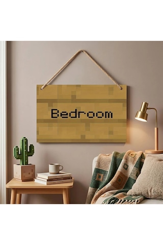 Minecraft Temalı Bedroom Ahşap Duvar Tabelası Dekoratif Gamer Odası Kapı Süsü -