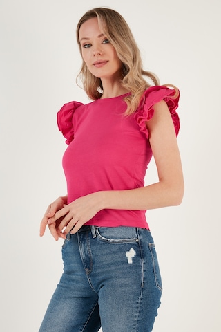 Lela Pamuklu Kolları Fırfırlı Slim Fit Bisiklet Yaka Bayan T Shirt 5864500 Fuşya