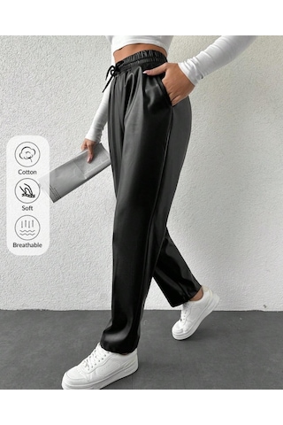 Kene Jeans Kadın Siyah Beli İpli Deri Jeans Siyah