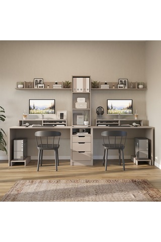 Mode 3 Çekmeceli Kesonlu Çalışma Masası , Raflı Monitör Standlı Çalışma Ofis Masası , Bilgisayar Masası , 2 Adet Raflı Çalışma Masası Kumtaşı