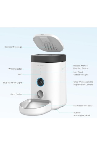Dogness F10a Kameralı Otomatik Mama Kabı - 1080p Hd, Wi-fi Bağlantılı, 3.6 Litre