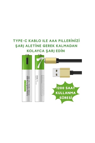 Type-c İle Şarjolabilen 4 Lü Aaa 1.5v Lityum İnce Şarjlı Kalem Pil 750 Mah Uzun Ömürlü