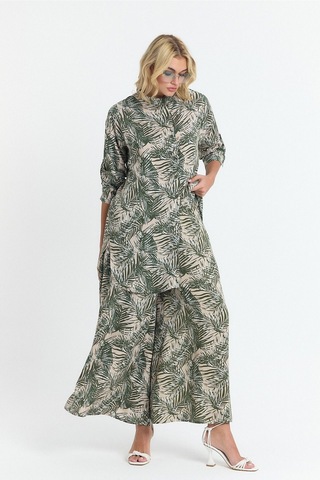 Schık Kadın Viskon Rahat Bol Paça Truvakar Kol Önü Düğme Baskılı Takım Haki