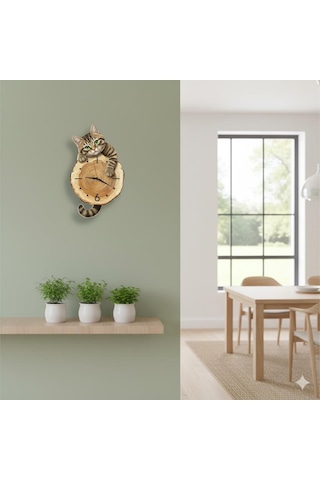 Cajuart Kütük Üzerinden Bakan Tekir Kedi Tasarımlı Duvar Saati Modern Dekoratif Saat Kahverengi