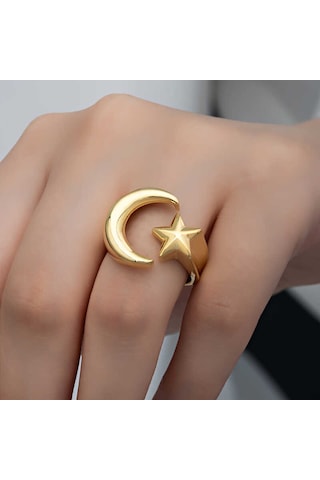 Hedivio 925 Ayar Gümüş Gold Ay Yıldız Kadın Yüzük