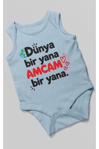 Morivokids Dünya Bir Yana, Amcam Bir Yana Sıfır Kollu Bebek Zıbını %100 Pamuk Bebe Mavisi