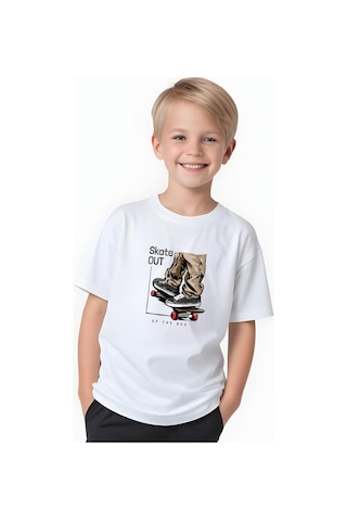 Fyk Kids Erkek Çocuk Yuvarlak Yaka Skate Out Baskılı T-shirt Beyaz