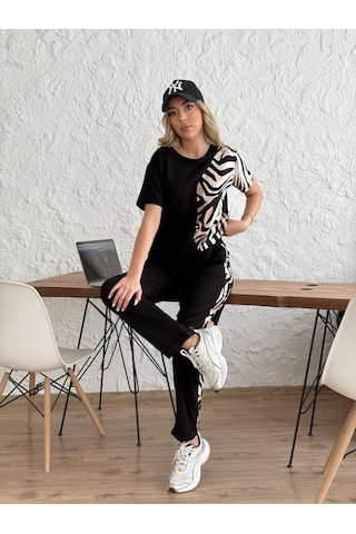 Ahes Shopping Kadın Bisiklet Yaka Kısa Kol Leopar Desen Bluz Ve Pantolon Ikili Takım Siyah