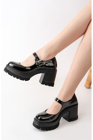 Asmi Shoes Tek Baletli Neon 8 Cm Topuklu Platformlu Loafer Ayakkabı Siyah Rugan Siyah