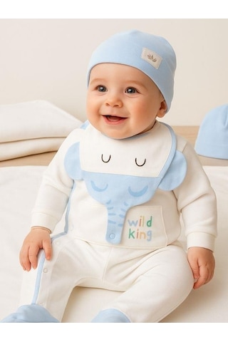 Zekids 3 Lü Organik Bebek Fil Desenli Tulum Seti-16185 Çok Renkli