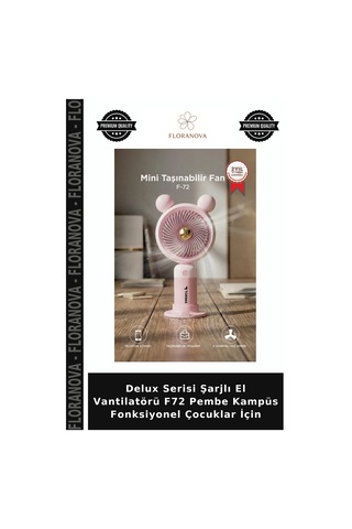 Delux Serisi Şarjlı El Vantilatörü F72 Pembe Kampüs Fonksiyonel Çocuklar İçin