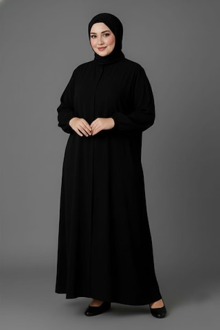 Medine İpeği Mevlana Kesim Cepli Kuşaklı Bol Büyük Beden Ferace Siyah