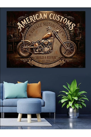 American Customs Motosiklet Vintage Tabela Dekoratif Kanvas - Mdf Ahşap Tablo