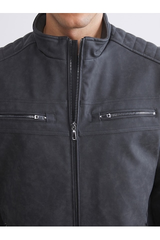 Lcwaıkıkı Classic Gri Biker Yaka Deri Görünümlü Erkek Ceket