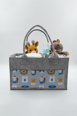 Jasper Hayvan Figürlü Açık Mavi Gri Keçe Anne Bebek Bakım Çantası Gri