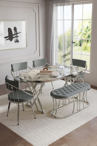 Selenit Mutfak Yemek Masası Takımı- 6 Kişilik Mutfak Masa Sandalye Takımı- Mutfak Masası Takımı Beyaz Mermer Model