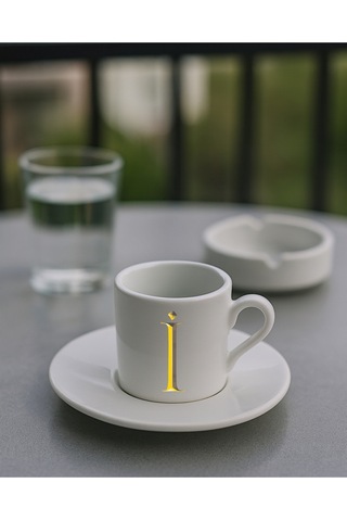 Türk Kahvesi Fincanı Baş Harf Baskılı Beyaz - Altın