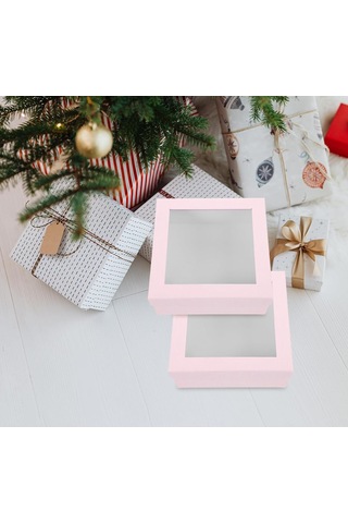 2 Adet Pencereli Hediye Kutusu,şeffaf Pvc Pencereli Pembe Renkli 22x22x7,5