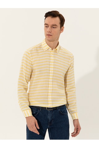 Cacharel Sarı Keten Karışımlı Slim Fit Uzun Kollu Gömlek