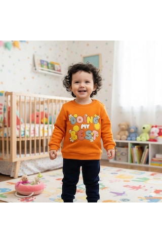 Kız Bebek Baskılı Çıt Çıtlı Alt Üst İkili Gündelik Takım 6-18 Ay Turuncu