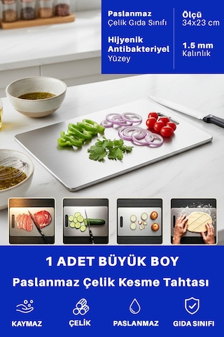 1 Adet Paslanmaz Çelik Büyük Boy Mutfak Kesme Tahtası Et Sebze Doğrama Tahtası Gümüş