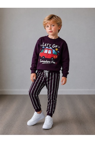 Let's Go Somewhere Fun Araba Baskılı Sweatshirt&eşofman Erkek Çocuk Alt Üst Takım Fuşya