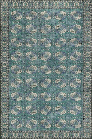 Artloop Relic Yeşil / Mavi Vintage Dokulu Klasik Desenli Dokuma Tabanlı Şönil Halı Al 472 Bej
