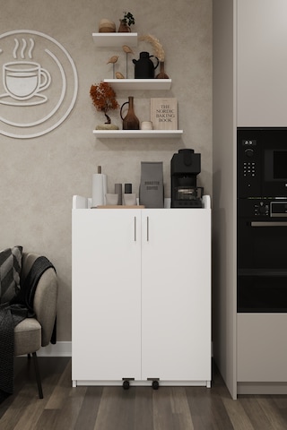 Asra Trend MK-08 %100 MDF 80x102 cm Çok Amaçlı Mutfak Kiler Dolabı Kapak İçi Raflı Kahve Köşesi Beyaz