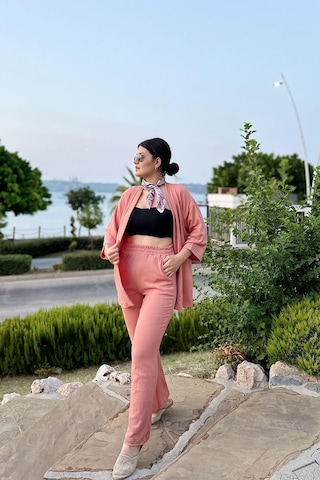 İpli Somon Renk Cep Detaylı Bol Paça Kimono Takım Somon