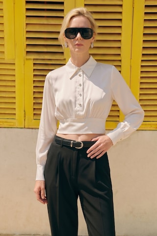 Sateen Düğme Detaylı Saten Bluz - Ekru-137516