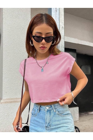Bisiklet Yaka Düşük Kol Crop T-şhrt Pembe