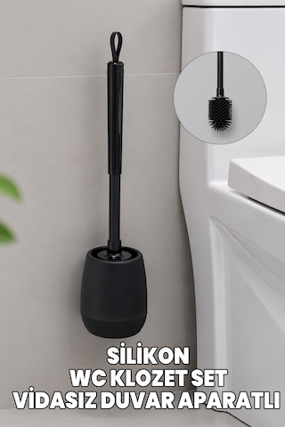 Silikon Klozet Ve Wc Fırçası - Paslanmaz Alüminyum Sap - Vidasız Duvar Askılı Güçlü Yapışkan Siyah