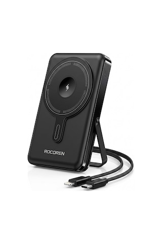 Rocoren 10000mah Magsafe 15w Kablosuz Powerbank Lightning Ve Type-c 22.5w Kablolu Standlı Taşınabilir Hızlı Şarj Cihazı siyah