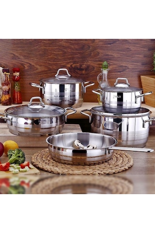 Çelik Tencere Seti 9 Parça Cam Kapak Vivaldi Aster Çelik