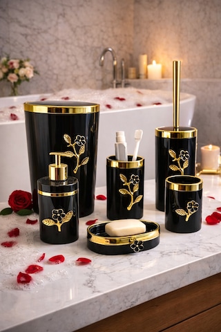 Arvale Çiçek Desenli Pleksi Gold Detaylı Siyah 5 Li Banyo Seti