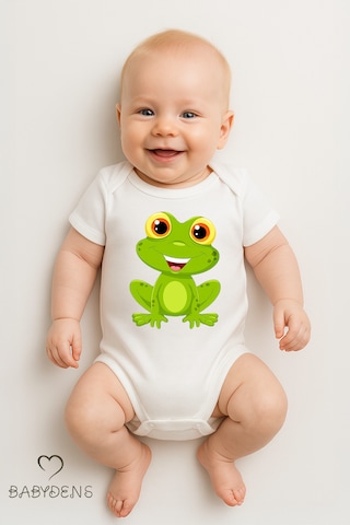 Babyden's %100 Pamuklu Sevimli Hayvan Figürlü Bebek Body Unisex Çıtçıtlı Kısa Kollu Zıbın Kurbağa Beyaz