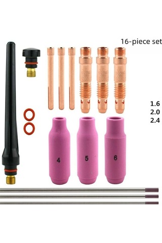 Fortunelane Tıg Kaynak Wp17/18/26 İçin 16 Parça Seti: 1.6-2.4-3.0 Mm Tutucular, Wt20 Tungsten Tutucu, Her Birinden 4 Adet