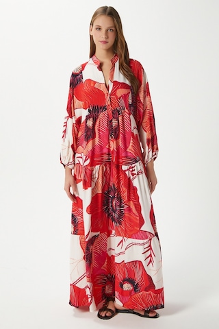 Modest Kadın Catina Kırmızı Çiçekli %100 Viskon Maksi Boy Yazlık Elbise Kırmızımercanekru Çok Renkli