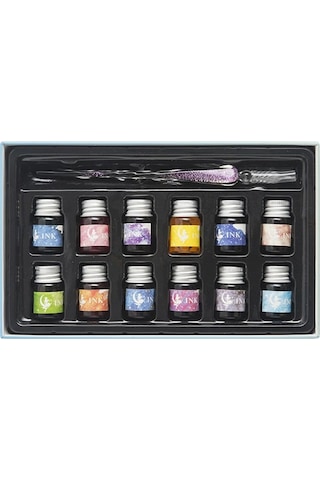 El Yapımı Cam Dolma Kalem Kaligrafi Hokka Seti 12 Mürekkepli