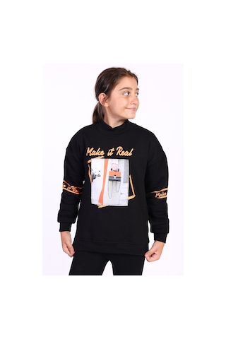 Toontoy Kız Çocuk Baskılı Taş İşlemeli Balıkçı Yaka Sweatshirt Siyah