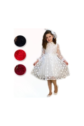 Fiyonk Detaylı Puantiyeli Kurdelalı Tül Elbise - Tül Abiye - Mezu