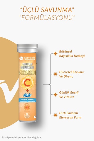 Triple Defense Efervesan Tablet 1000 Mg C Vitamini Çinko D3 Portakal Aromalı 20 Tablet